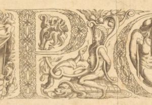 Fig. 7, Meister V.P.R., Alfabeto a grottesche, 1546, Bologna, Pinacoteca Nazionale, Gabinetto Disegni e Stampe, inv. PN 21853, bulino, mm 222x363, particolare.