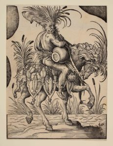Fig. 9, Jost Amman, Divinità fluviale a cavallo, Erlangen, Universitätsbibliothek, inv. AH 38, xilografia, mm 200x150