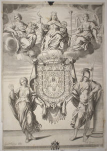 Cinque figure allegoriche attorno a uno stemma cardinalizio